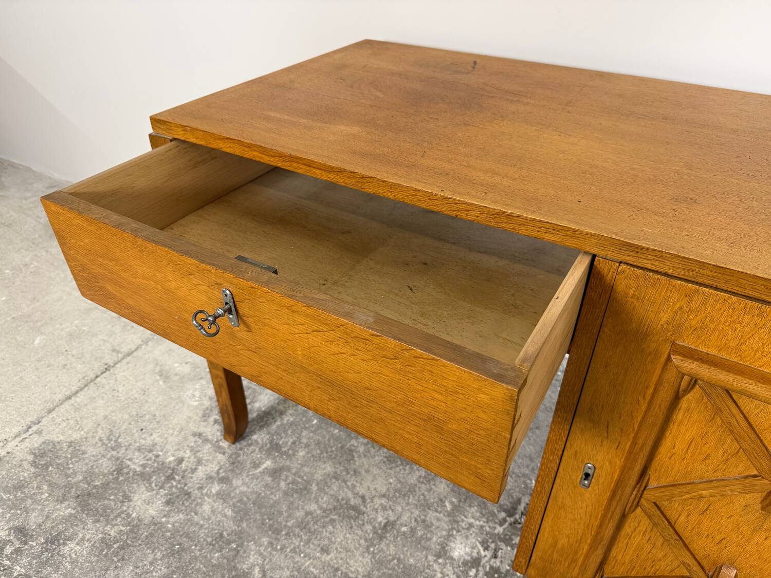 Vintage 1950s honey oak desk - tapered legs - unique piece