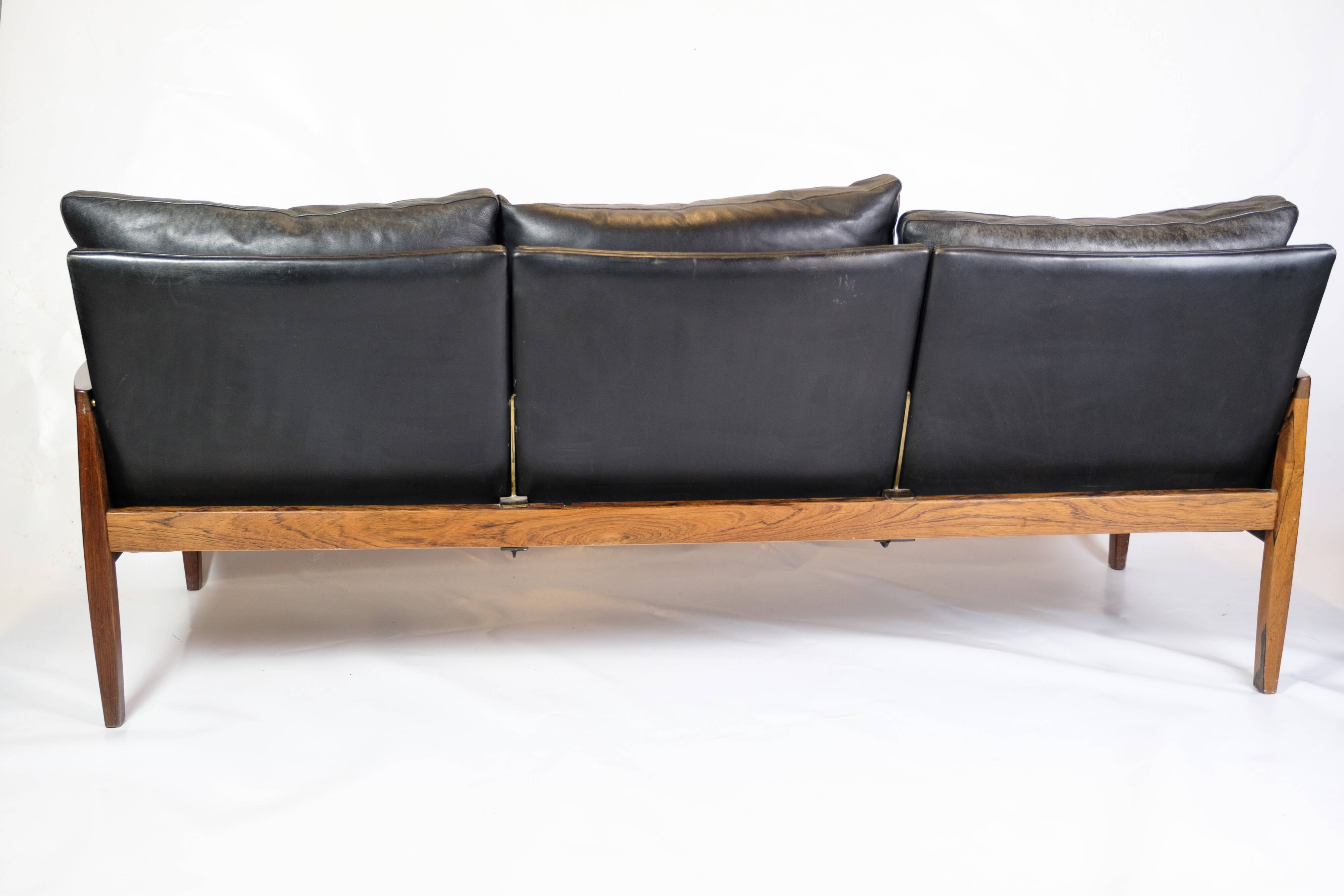 3. Pers Sofa Made In Rosewood & Black Leather Cushions By Hans Olsen From 1960s