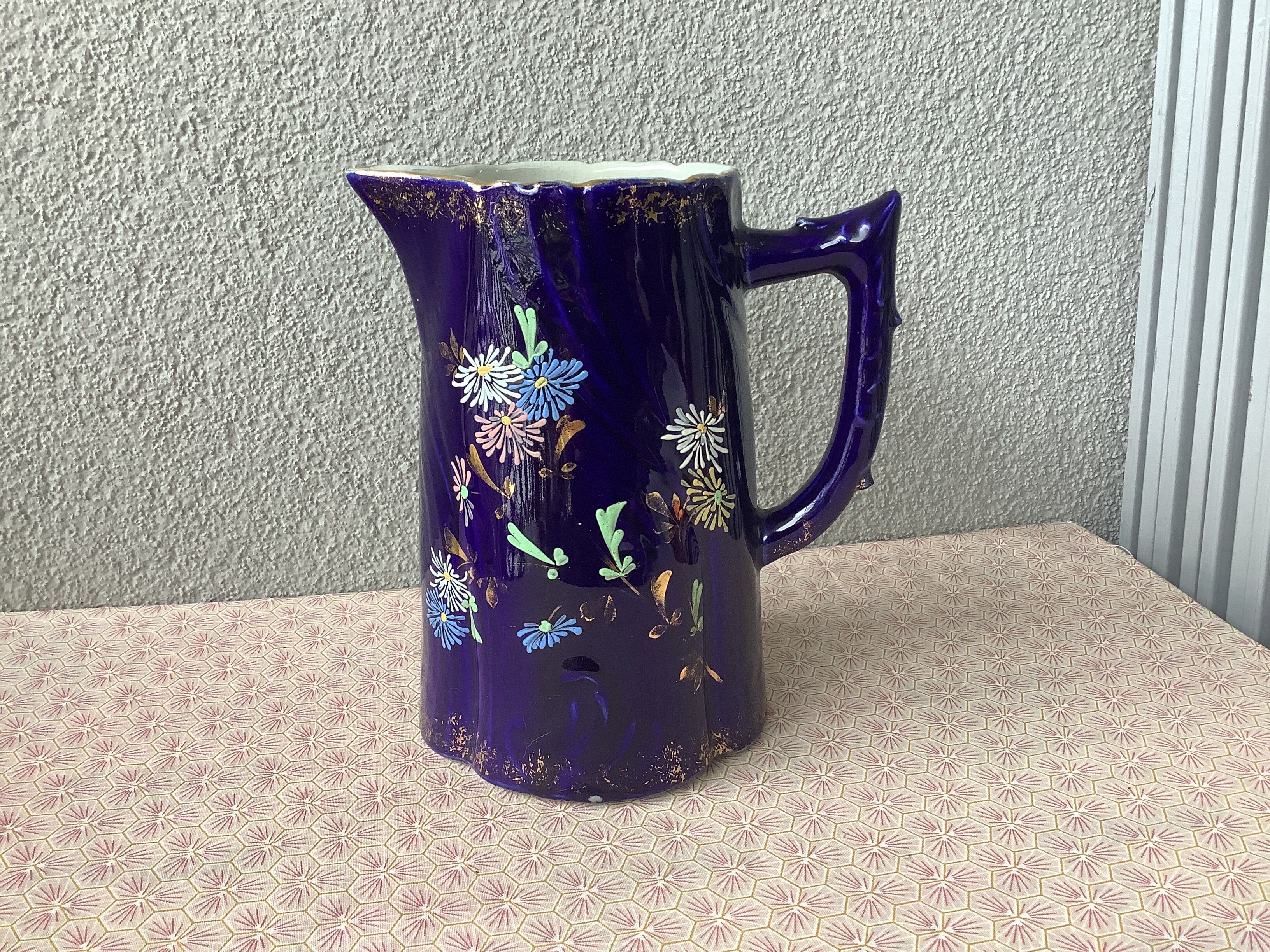 Cobalt blue pitcher Napoleon III enamelled decoration