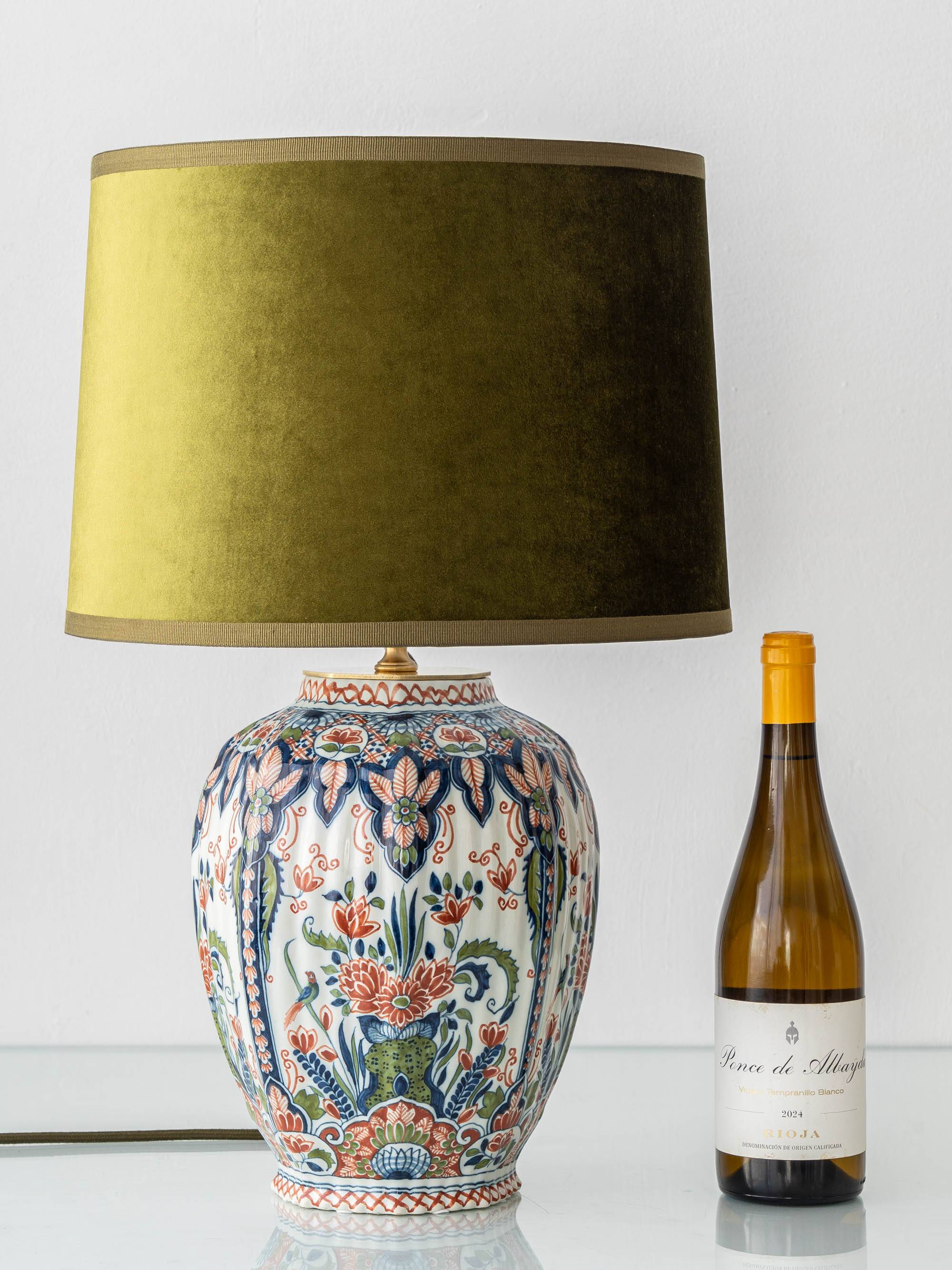 Dutch Delft Hand-Painted Ceramic Table Lamp, Makkum Polychrome, New Velvet Shade