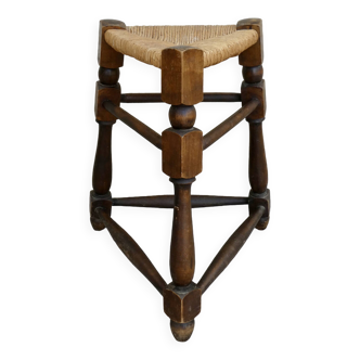 Tabouret tripode et assise paillée, années 60