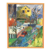 Huile sur toile originale suédoise – « Paysage urbain » par Margareta Strand – Vintage et encadrée – 62 × 50,5 cm (24,4" × 19,9")