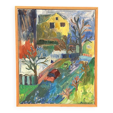 Huile sur toile originale suédoise – « Paysage urbain » par Margareta Strand – Vintage et encadrée – 62 × 50,5 cm (24,4" × 19,9")