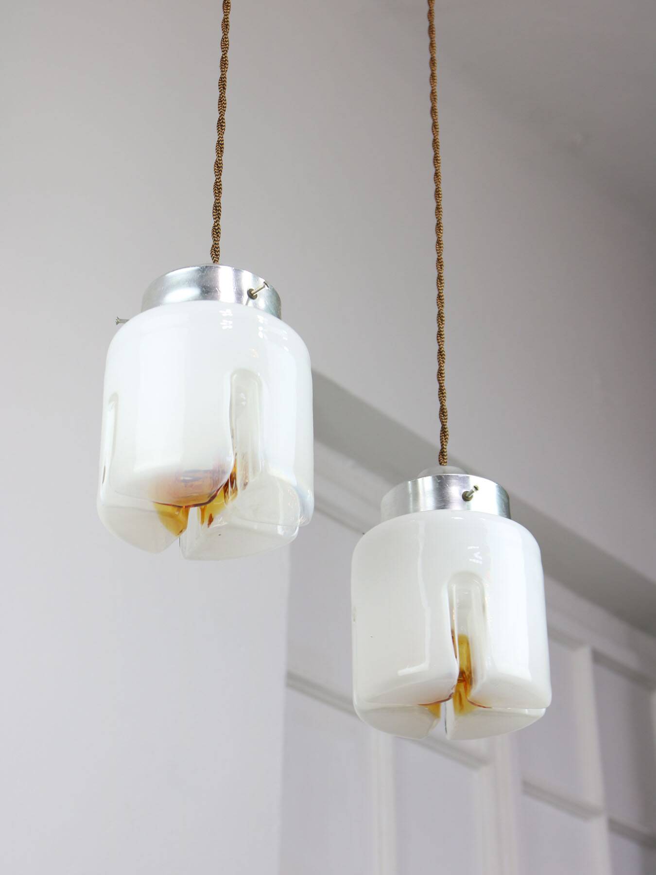 Mid-Century Italian Chrome and Glass Pendant Lamps, Set of 2