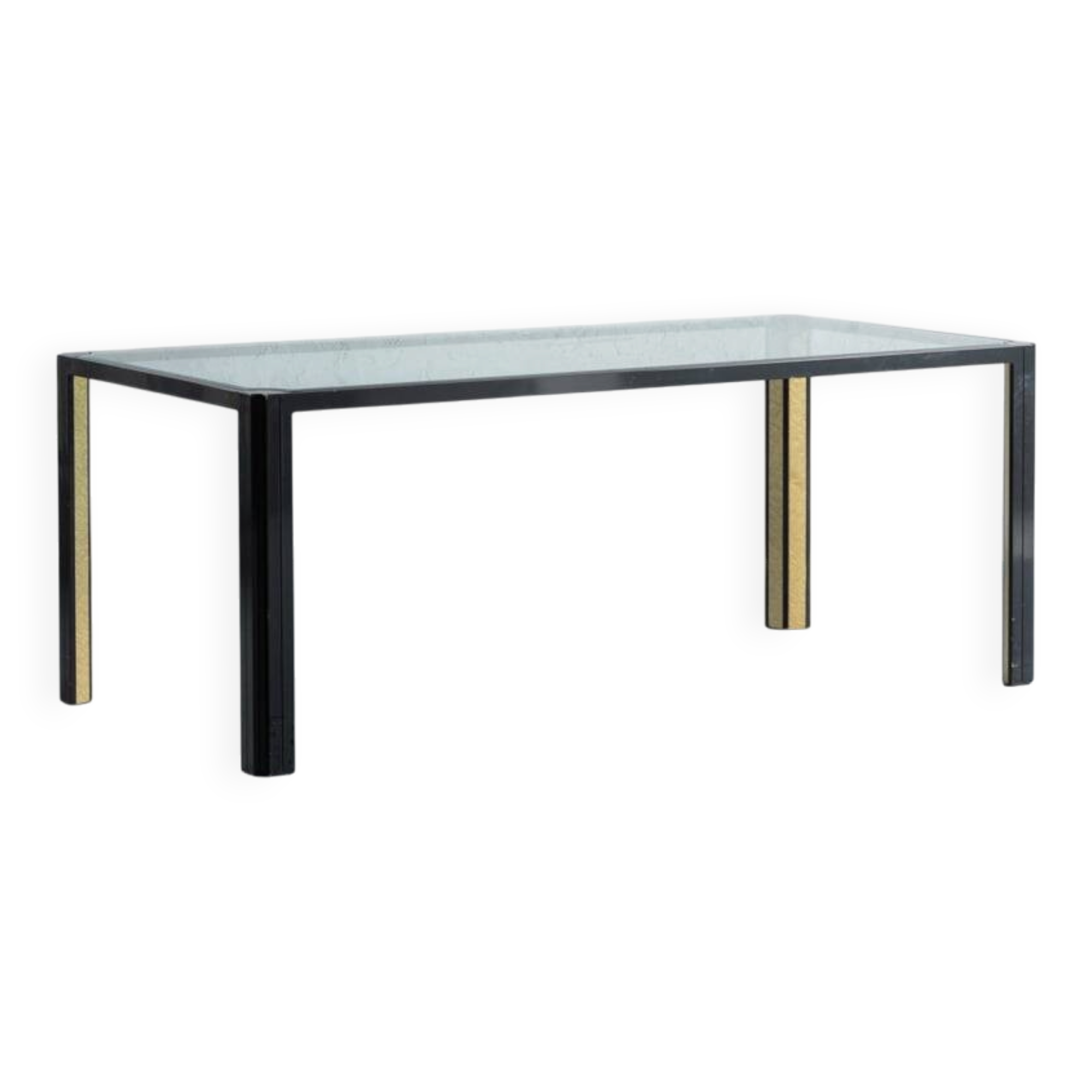 Table à manger vintage de style Saporiti avec plateau en cristal et cadre noir, Italie, années 1970.