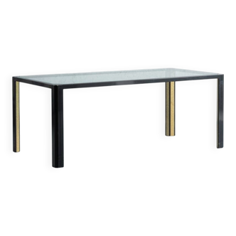 Vintage Saporiti style crystal top and black frame dining table, Italy, 1970s