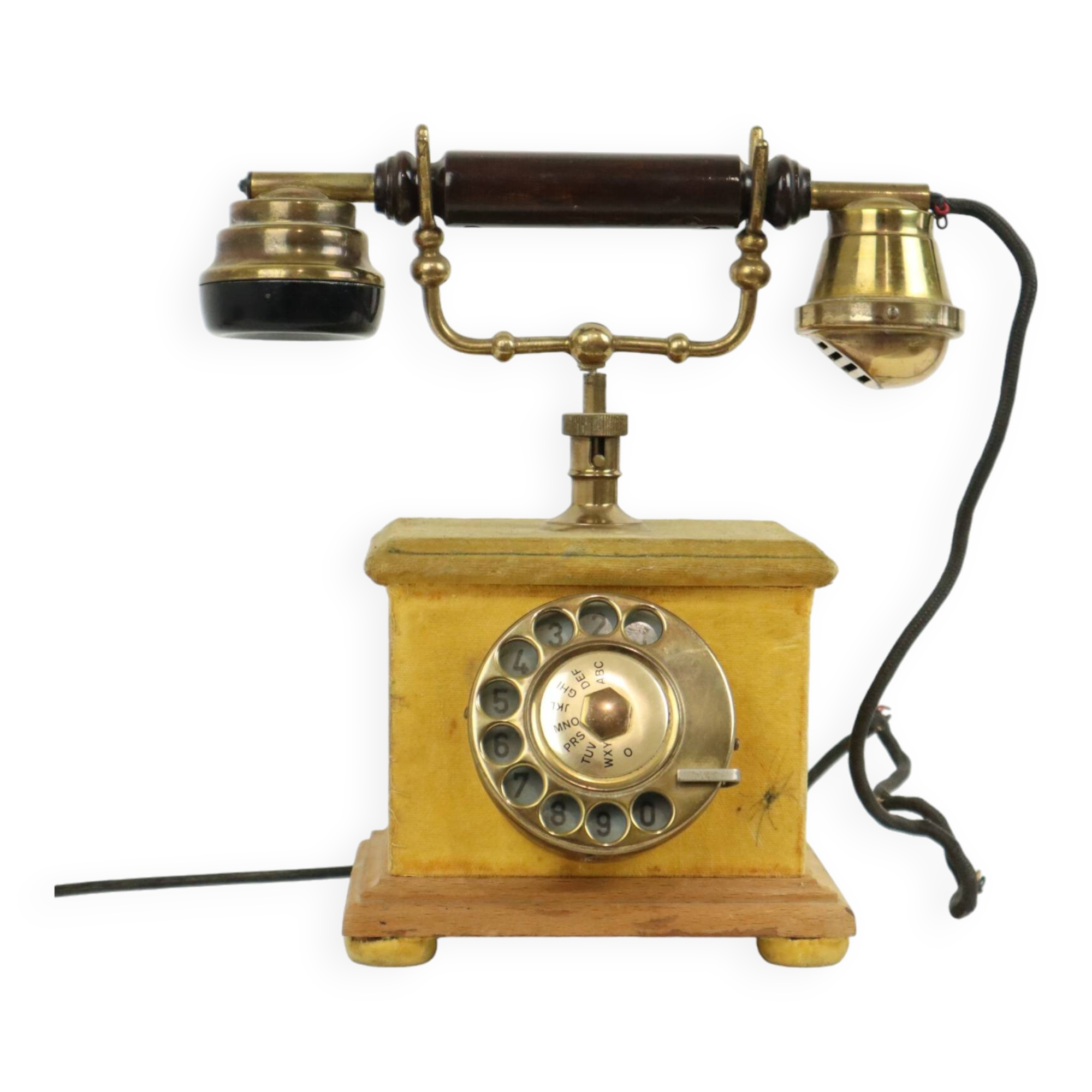 Old Italian Analog Telephone with Rotary Copper Wood Velvet