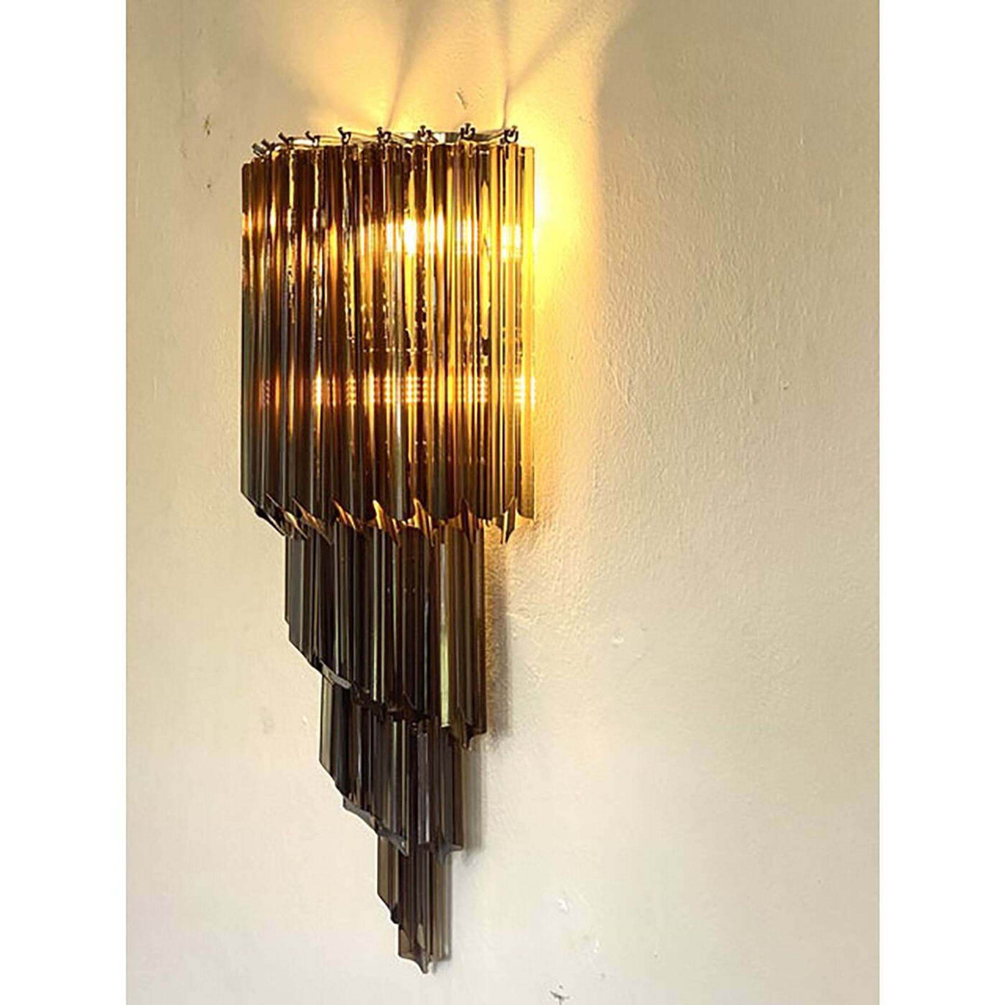 Set of Two Venetian Fumè "Quadriedro" Murano Glass Wall Sconces