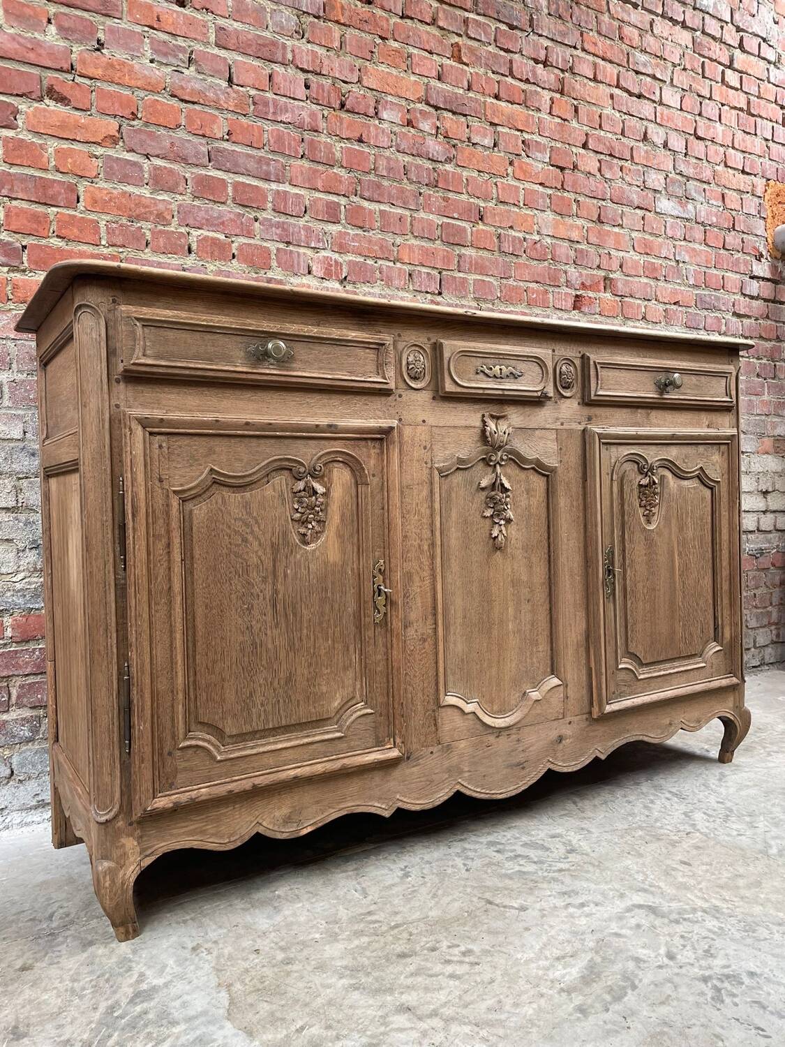 Solid oak rustic sideboard / buffet cabinet with carved details