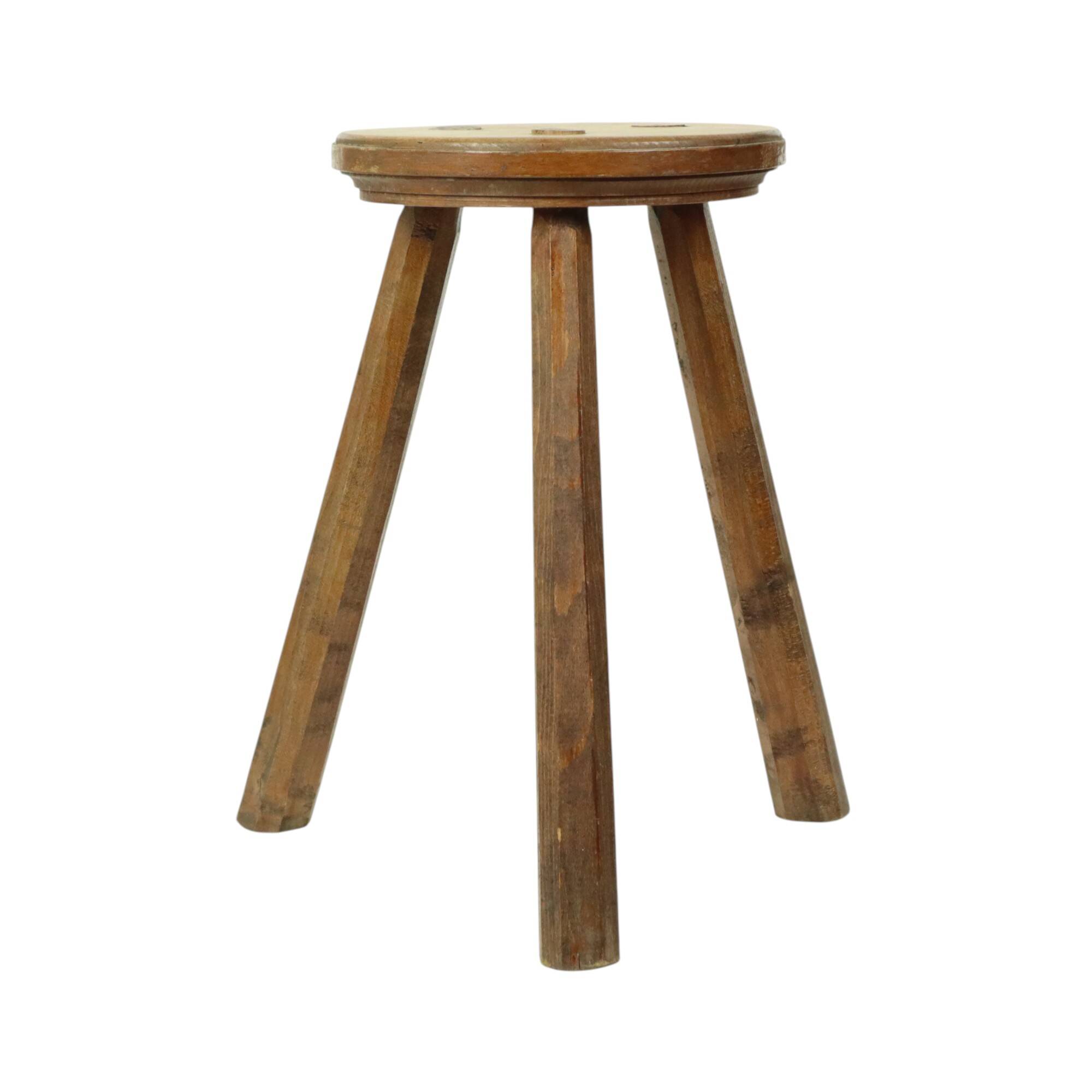 Antique Wooden Tripod Stool Milk Stool Early 20th Century Brutalism