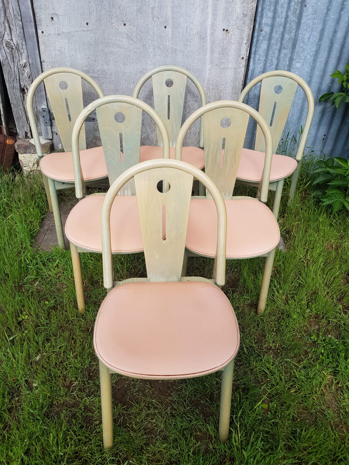 Série de 6 chaises Baumann bois vert avec assise galette clair années 80 vintage