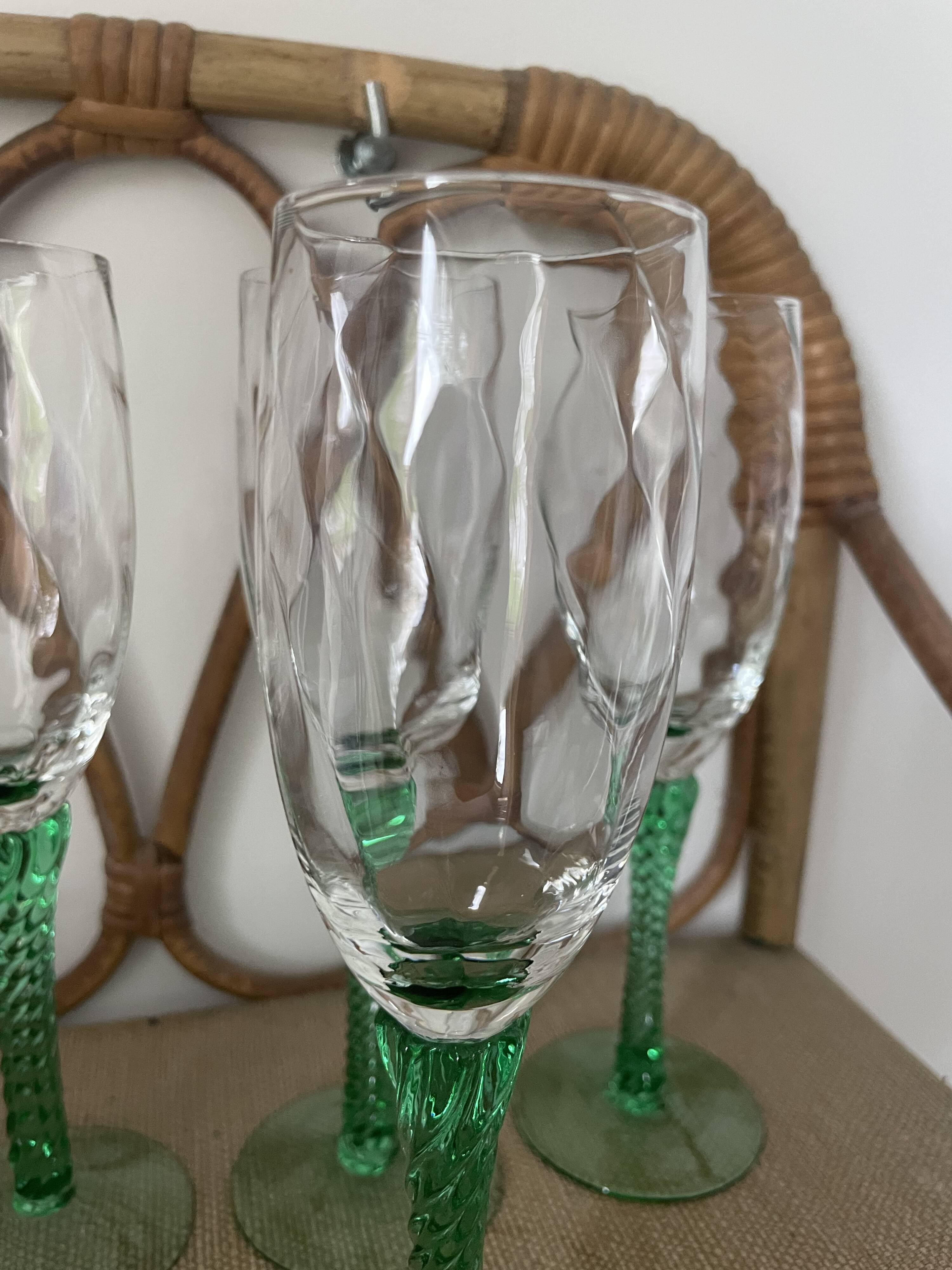 4 champagne flutes, Italian glassware, 1960s, green twisted stem