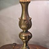 1960s neo-classical brass lamp with bamboo shade and geometric pattern.