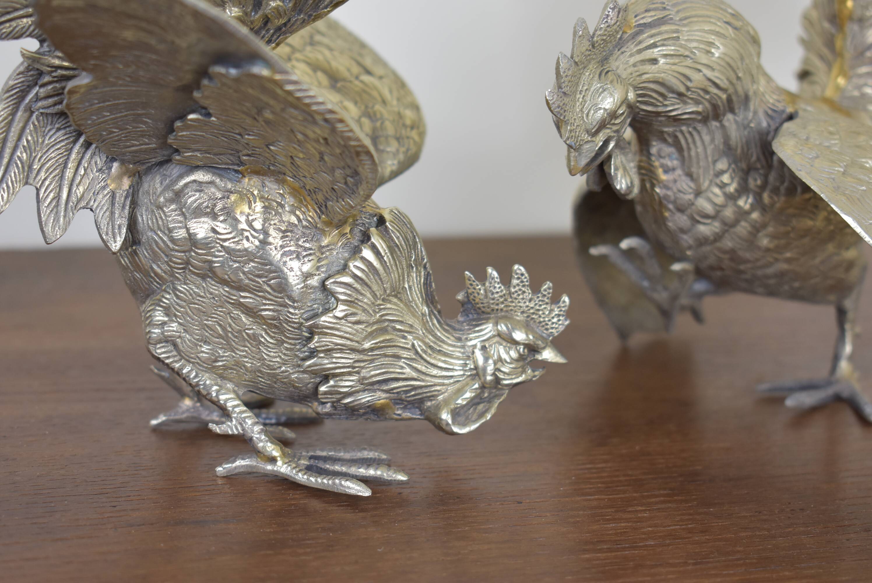 Pair of silver brass roosters