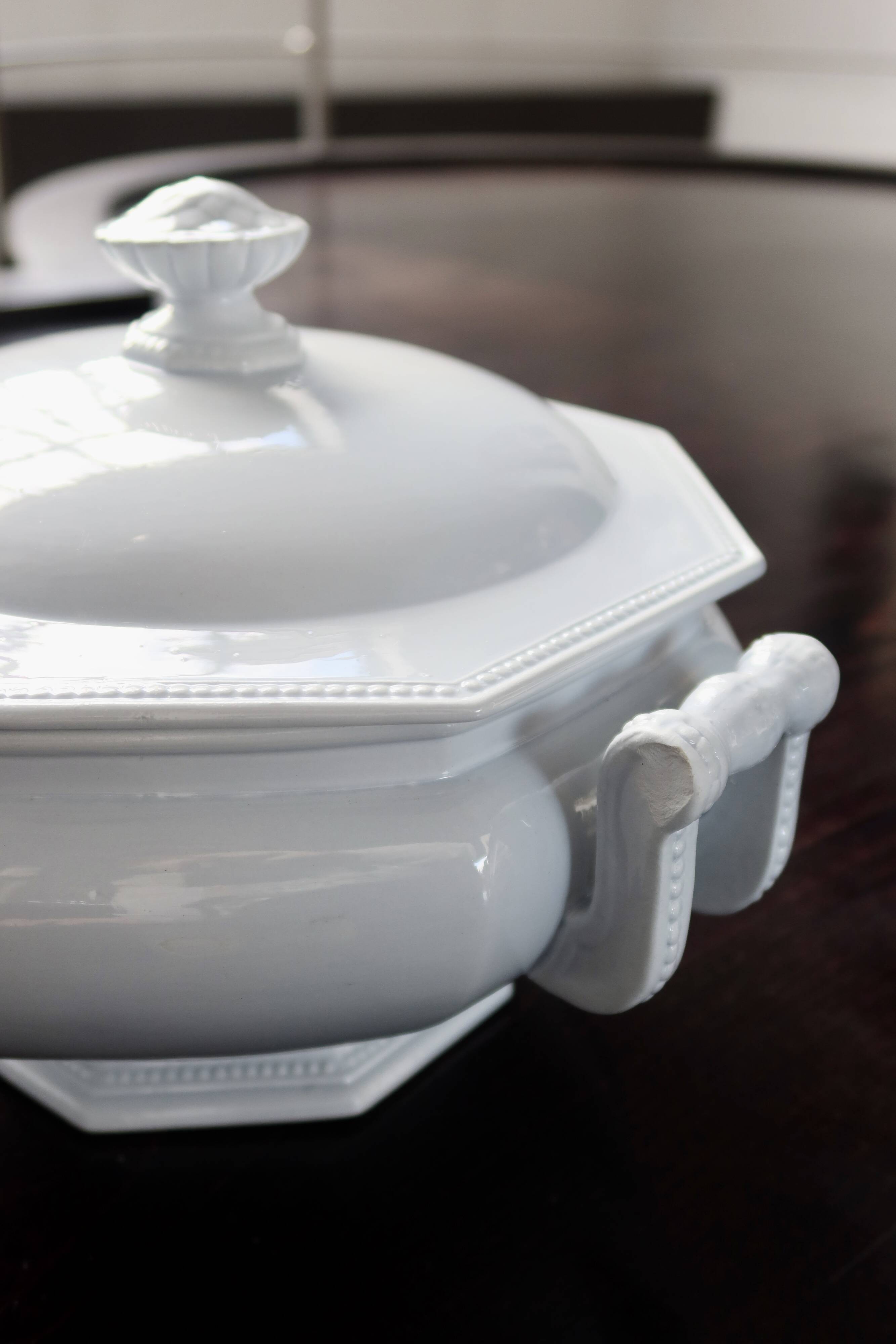 Antique Creil and Montereau earthenware tureen with blue pearl motif
