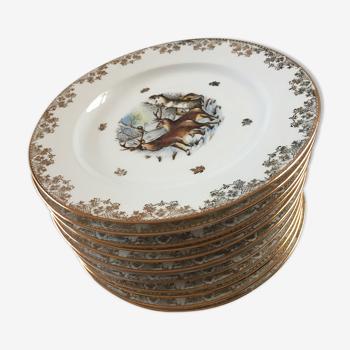 Lot de 12 assiettes plates porcelaine de Limoges Nankin signées LP