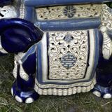 Elephant stool in glazed ceramic in cobalt blue and ivory colors