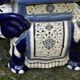 Elephant stool in glazed ceramic in cobalt blue and ivory colors