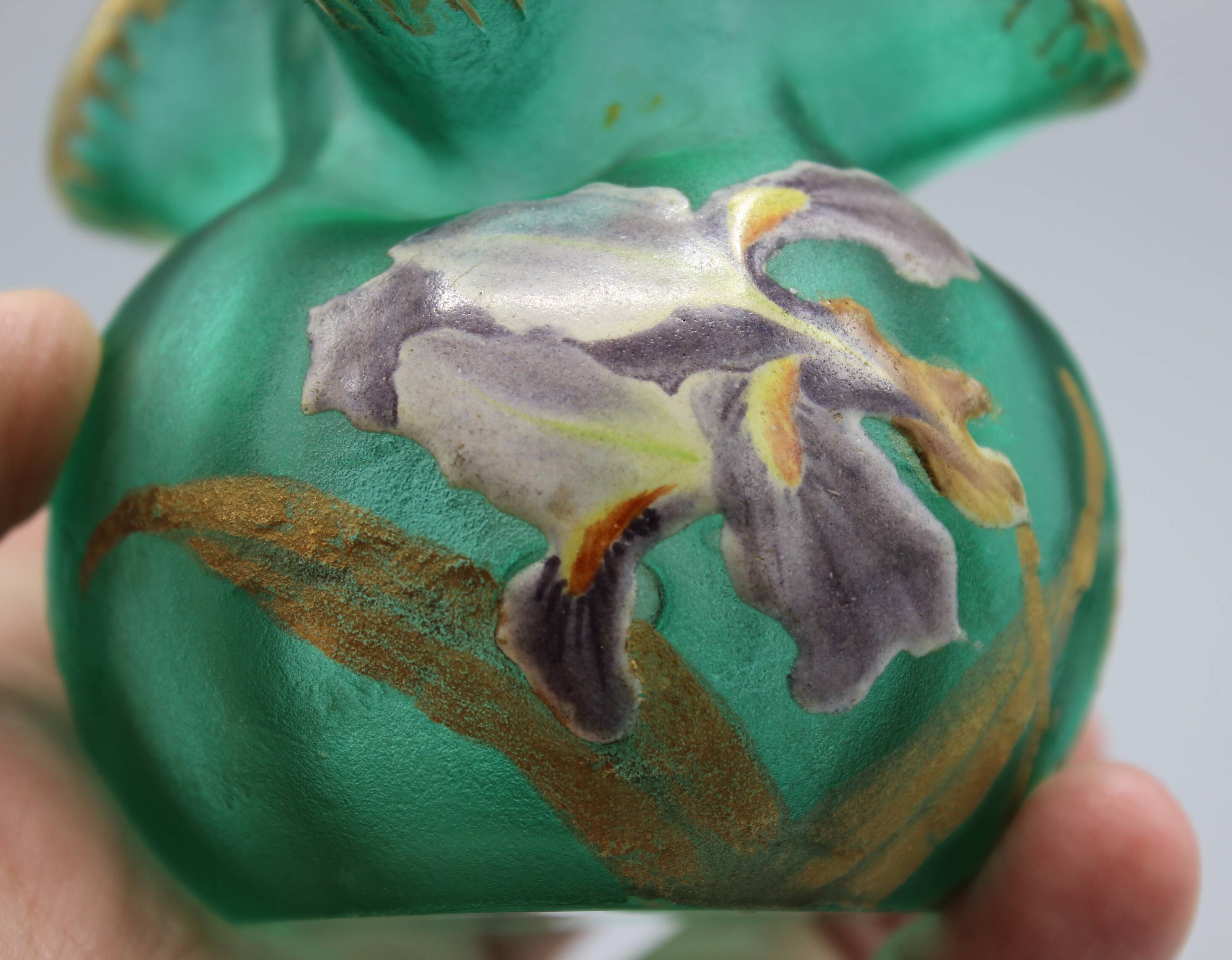 old small frosted glass ball vase floral art nouveau decor legras mont