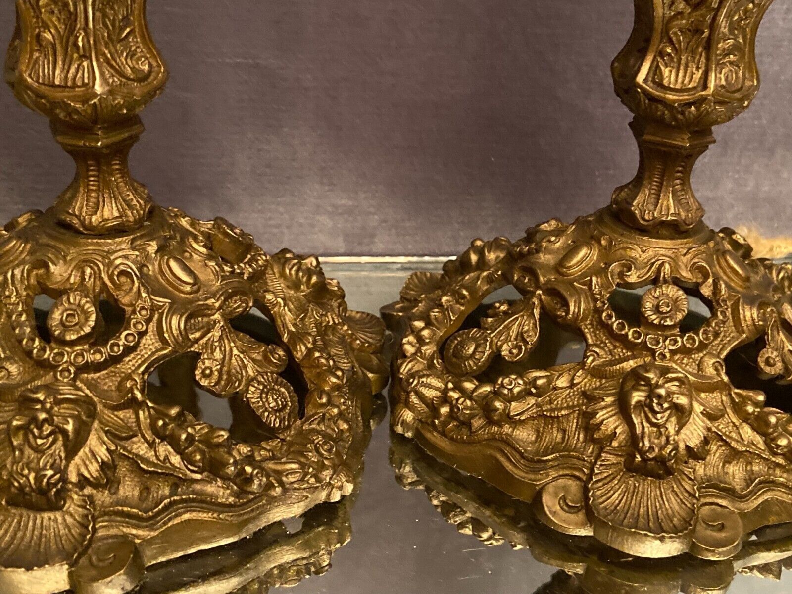 Pair of candlesticks mounted in late nineteenth century bronze lamp base Renaissance style