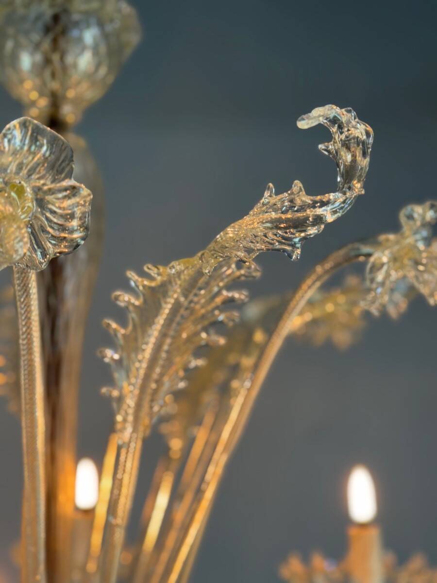 Venetian chandelier in gilded Murano glass, 6 light arms circa 1940