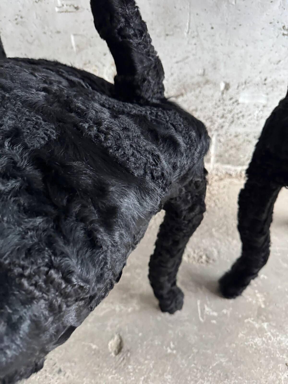 Set of 2 Black Feather-Textured Upholstered Theatrical Armchairs — Wood Frame, Dramatic Baroque Revival Style