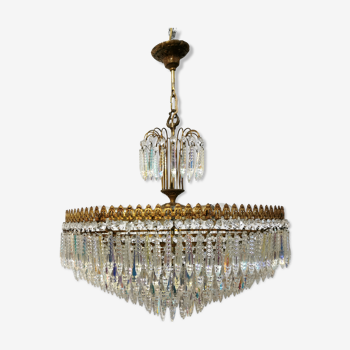 Lustre vintage 8 feux pampilles et laiton