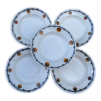 5 white Barcarolle Badonviller porcelain ceruse plates with vintage black and ochre flowers
