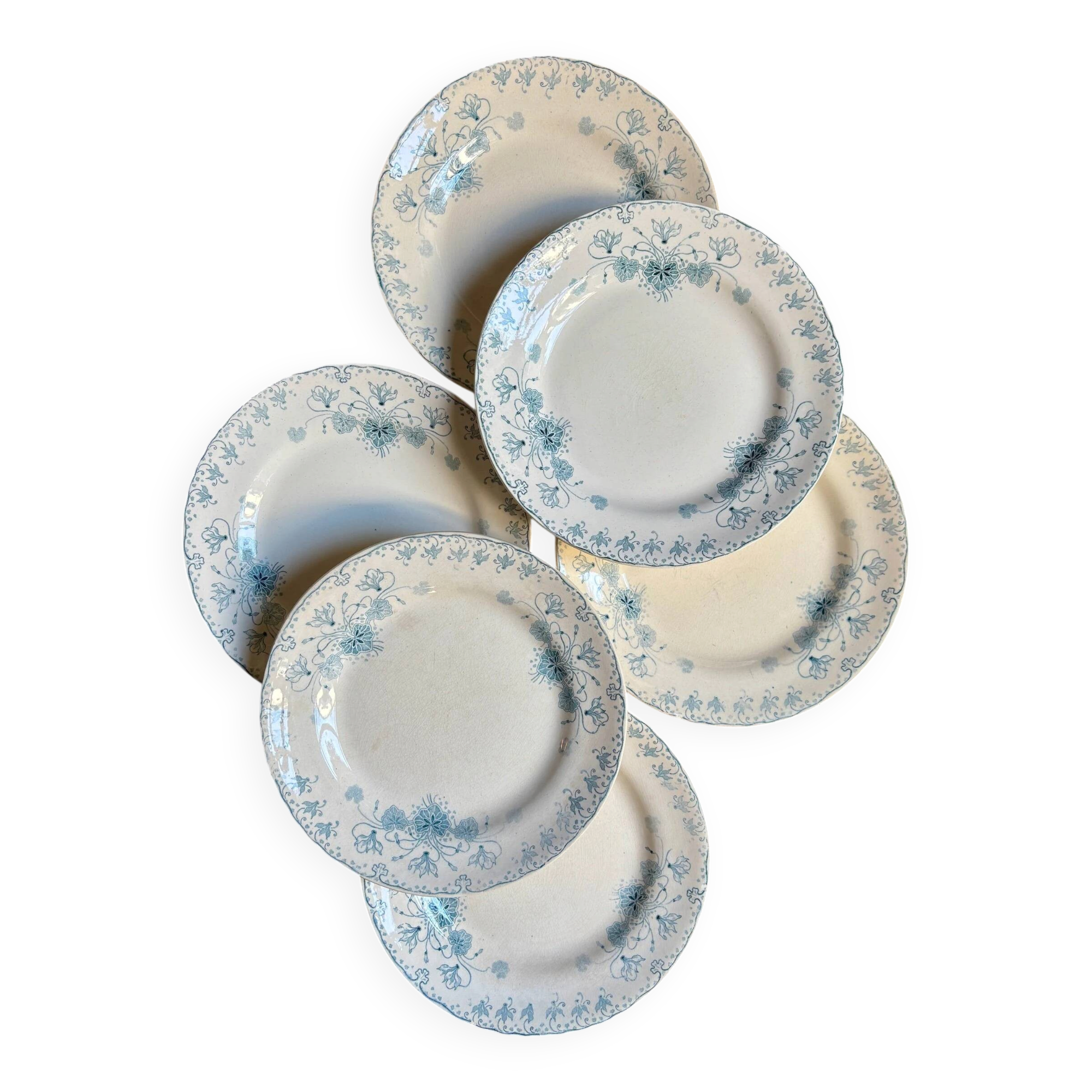 6 flat plates H. Boulenger from Choisy-le-Roi in ironstone, "Cyclamen" service.