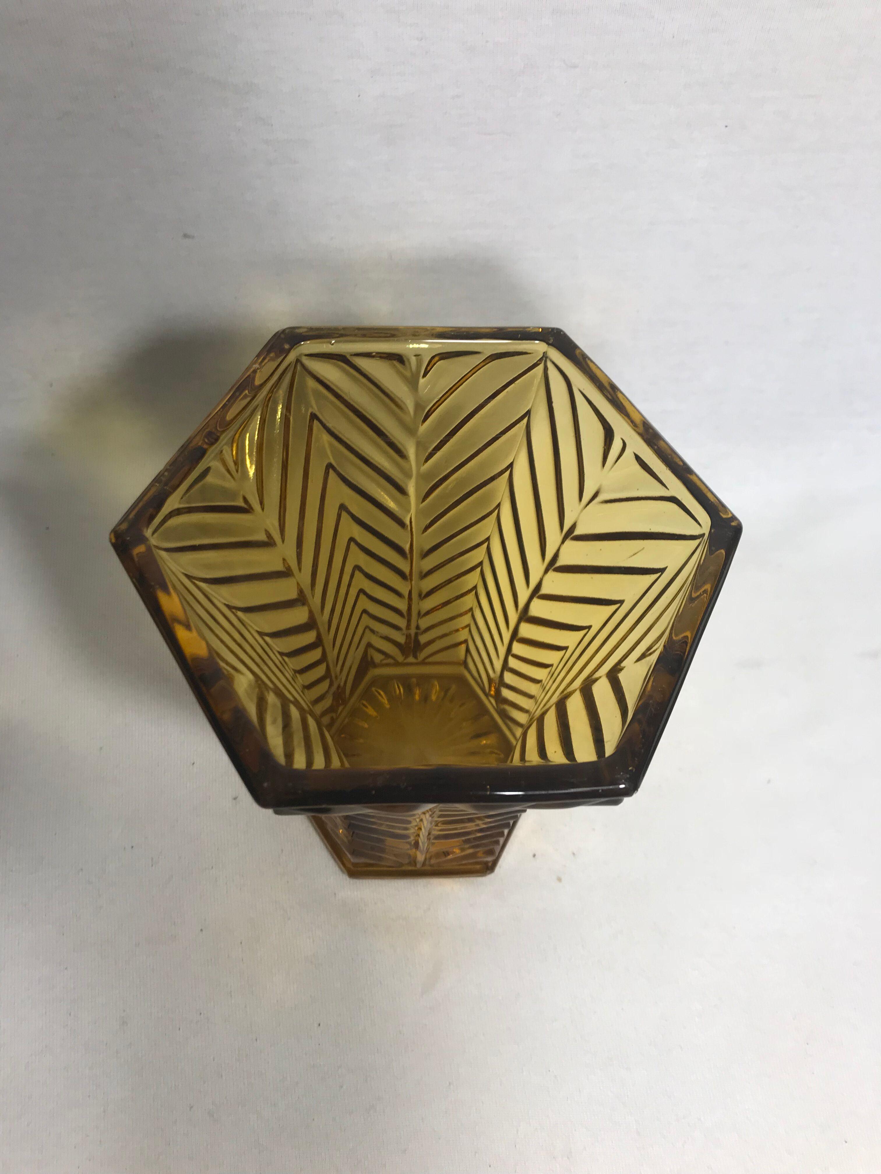 Old ART DECO glass Vase Hexagonal yellow Vintage