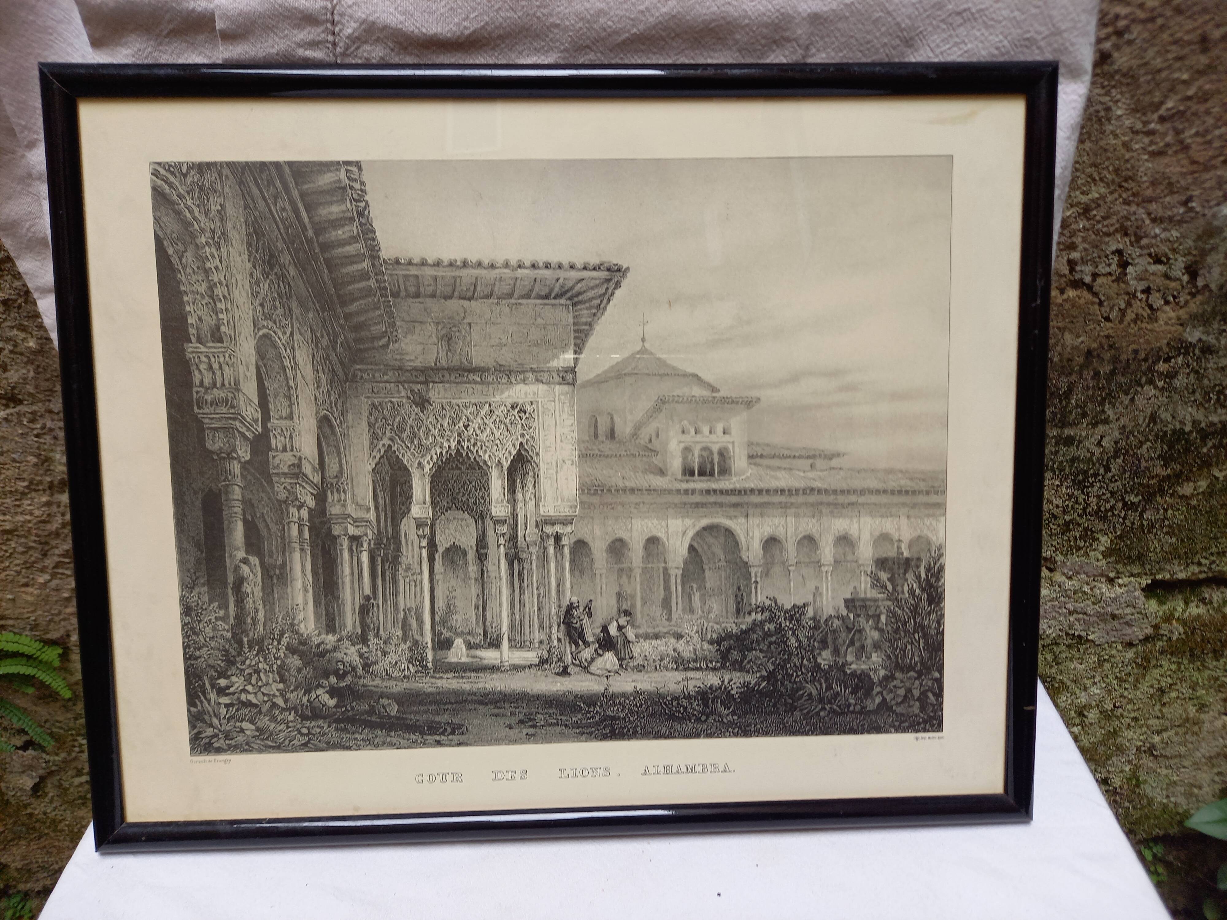 Antique engraving, Court of the Lions, Alhambra, Granada, Spain