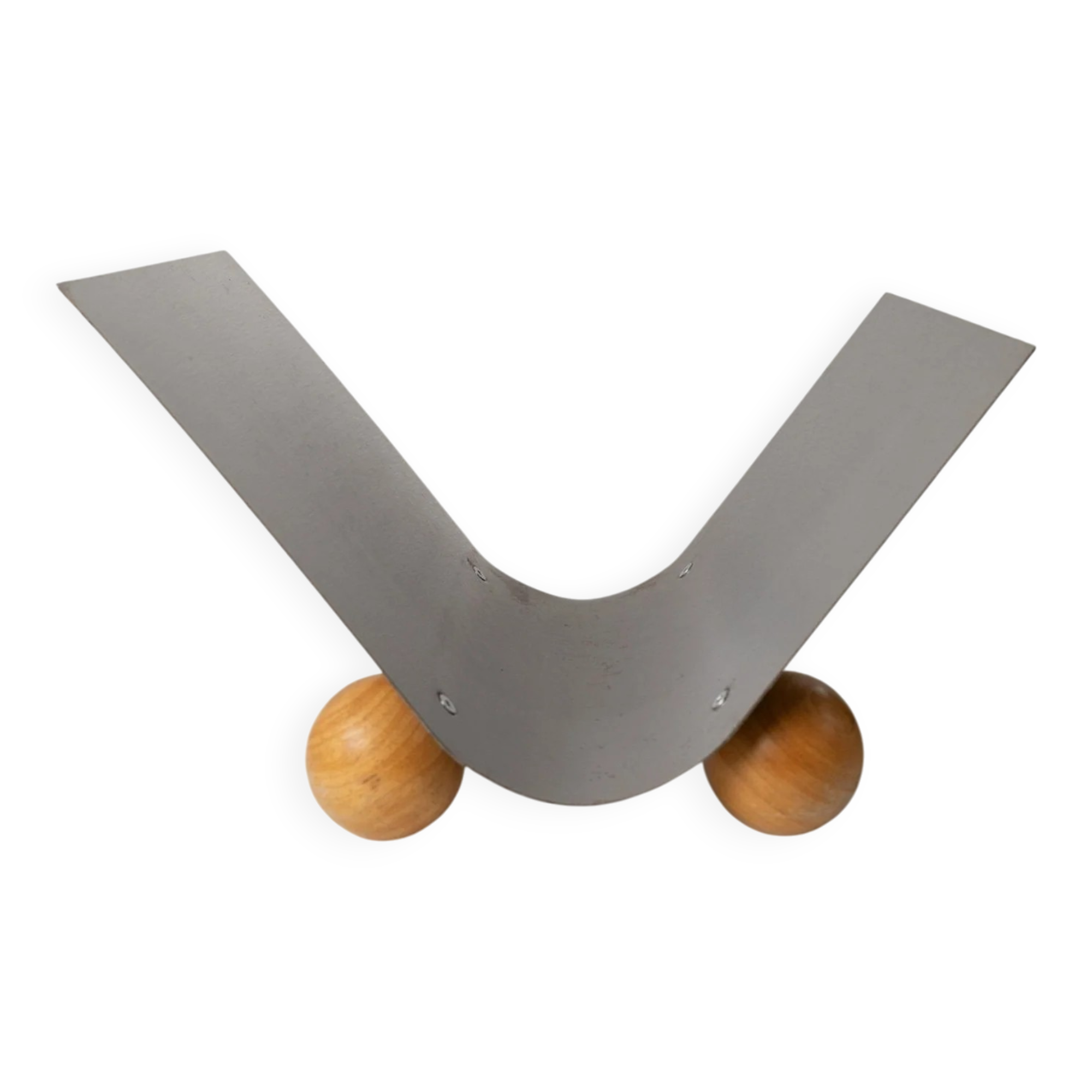 Silver metal magazine rack with wooden ball feet - Space Age 1980s retro storage