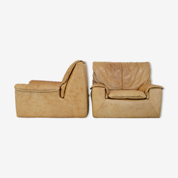 Paire de fauteuils cuir "caramel" et mousse, Cinna, France, circa 1970