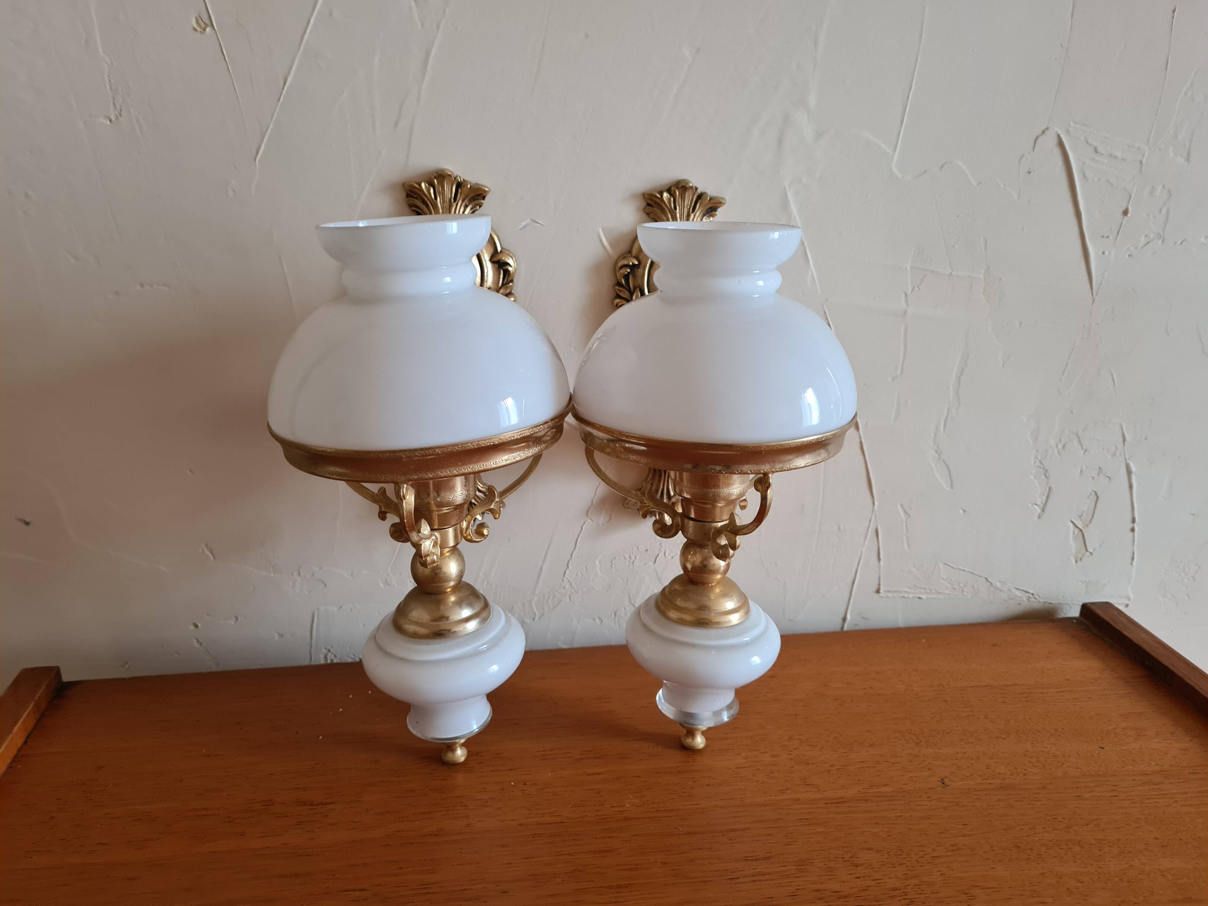 Pair of opaline and gilded brass wall lights
