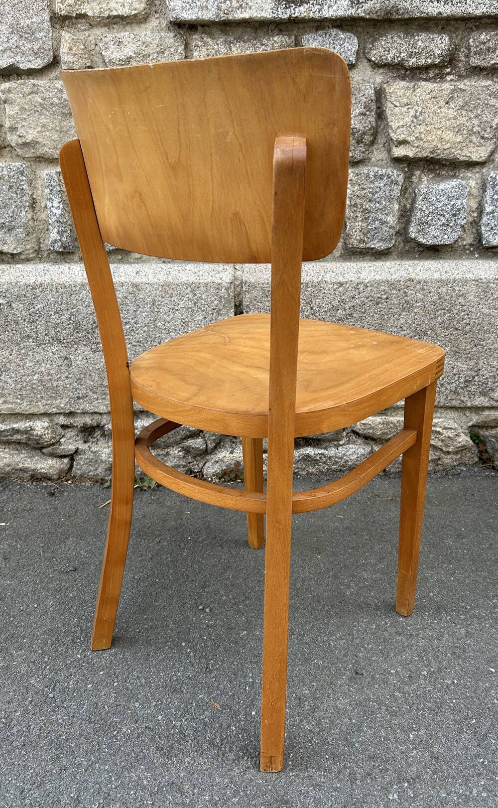 Set of 5 mismatched vintage blond wood bistro chairs