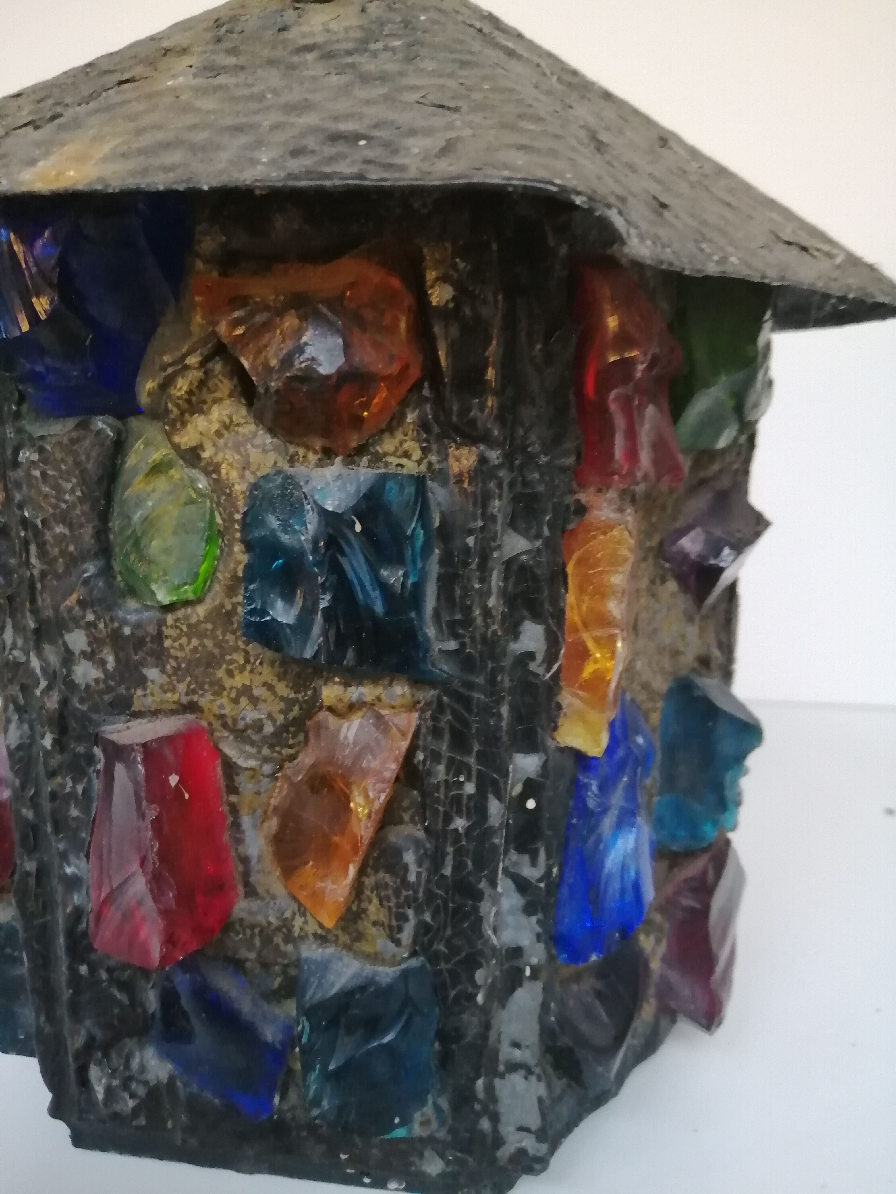 Peter Marsh porch lantern, colored glass, lead and Hammered Sheet metal, 1950s Arts & Crafts