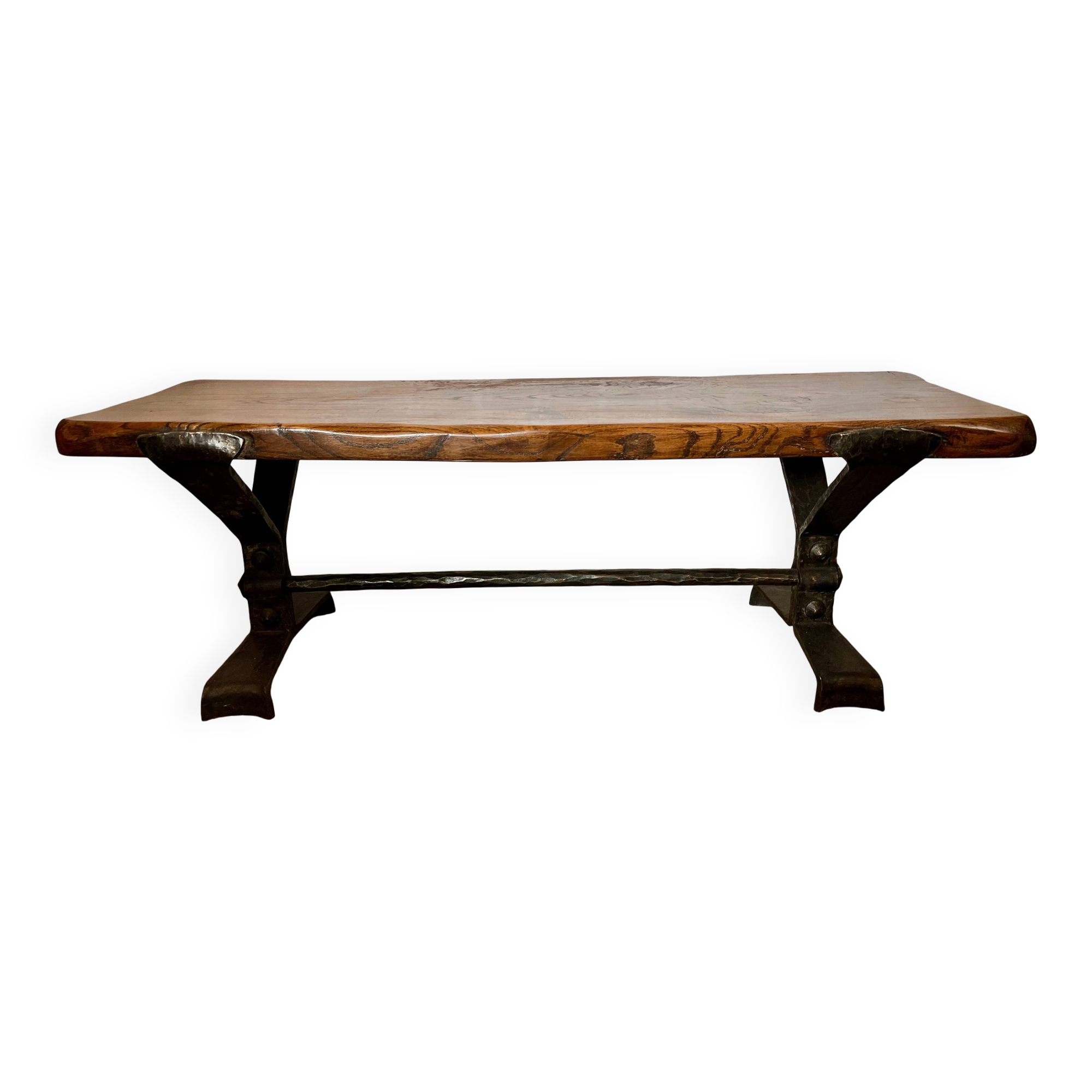 Vintage coffee table in solid wood and wrought iron.