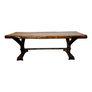 Table basse vintage en bois massif et fer forge