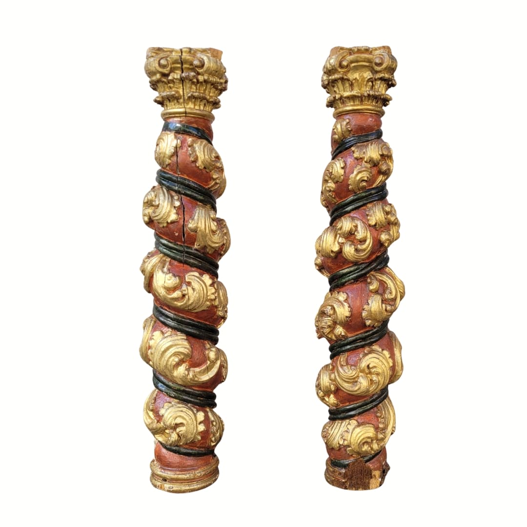 Pair of sculptures, twisted columns, carved wood, gilded and polychrome, 18th century – Spain