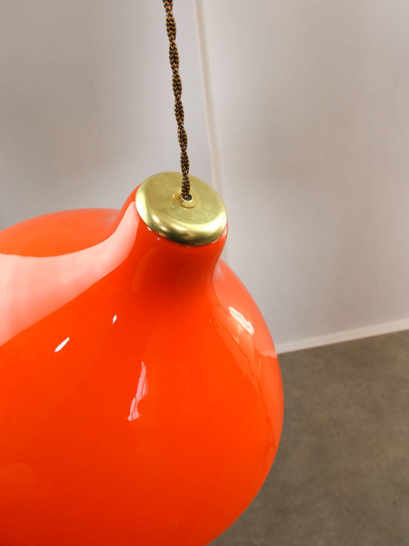 Mid-Century Italian Orange Glass and Brass Pendant Lamp