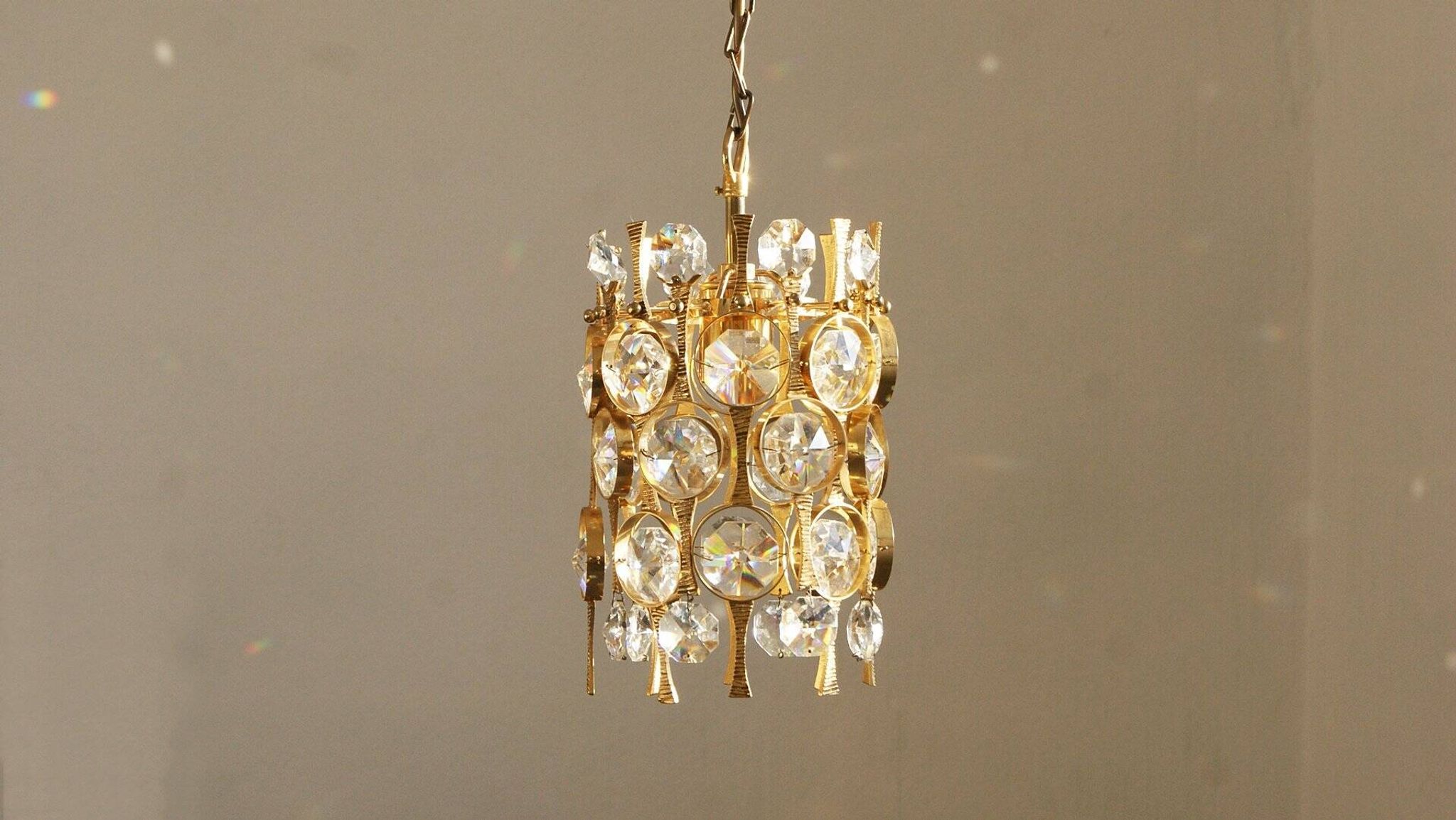 Hollywood Regency Brass & Crystal Glass Ceiling Lamp by Christoph Palme for Palwa
