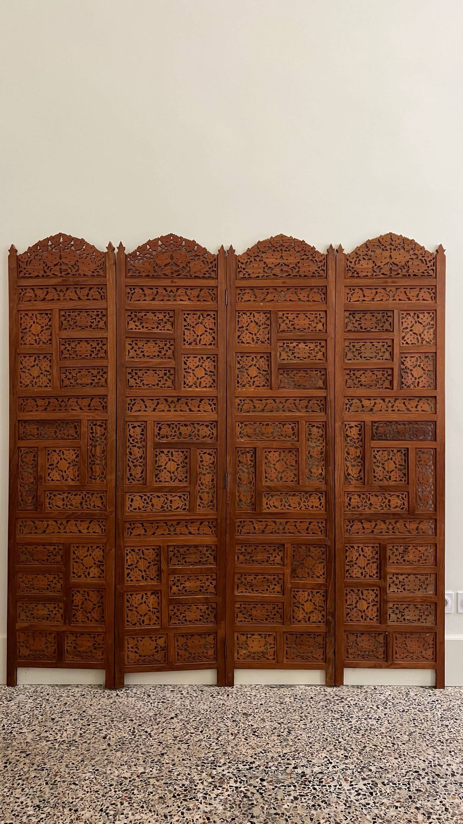 Vintage Asian carved teak screen — mid-20th century