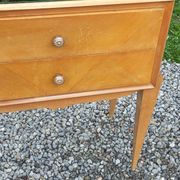 Vintage pair of bedside tables from the 1950s in sycamore and a mirror.