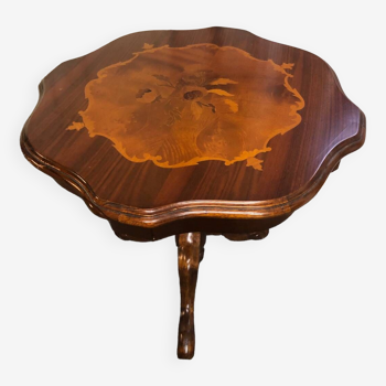 Coffee table, side table, marquetry pedestal table