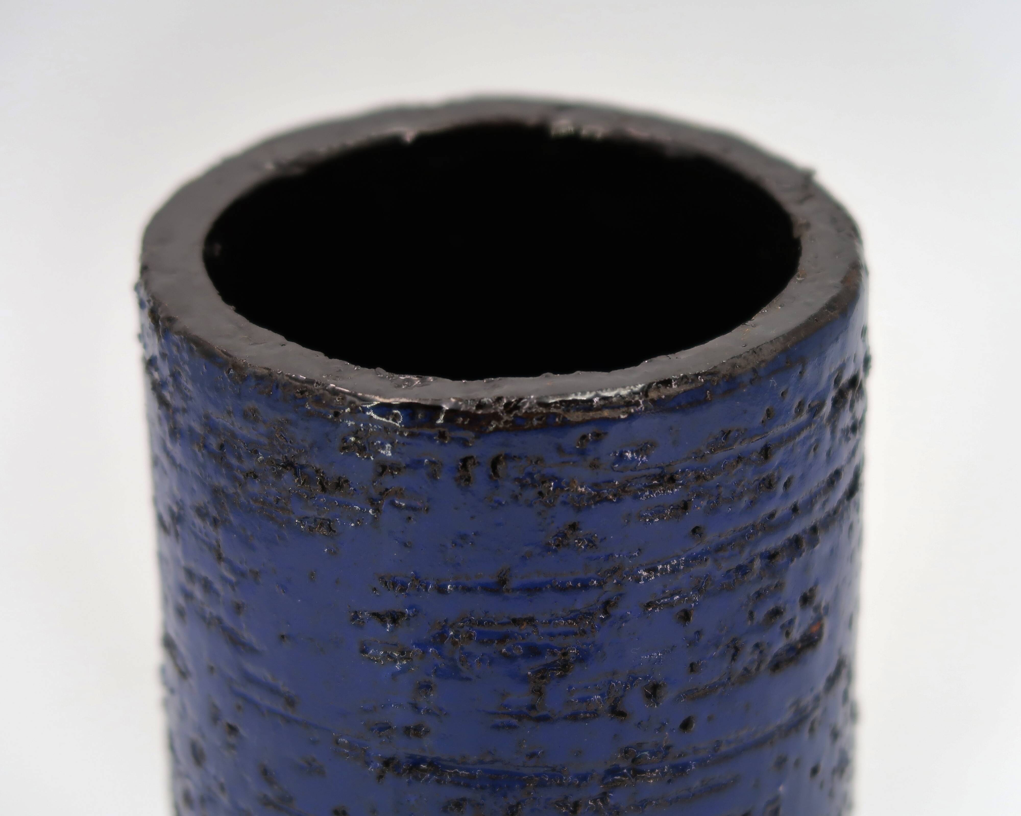 Blue chamotte ceramic roller vase, 1970s
