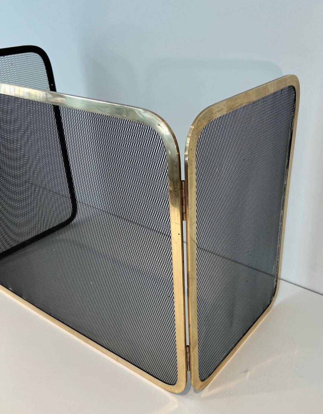 Three-Panel Folding Fire Screen in Polished Brass and Steel Mesh