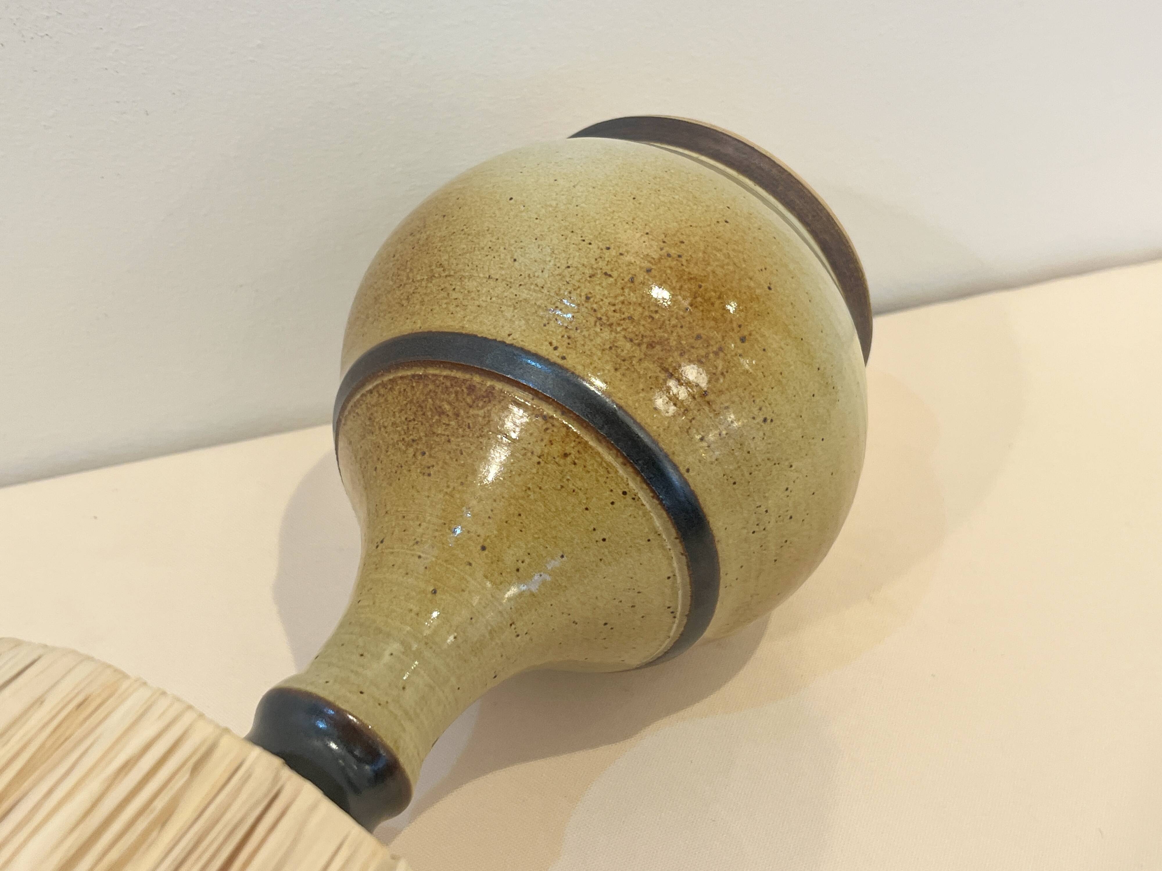 Vintage stoneware lamp signed beige brown raffia rope lampshade 1970