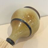 Lampe vintage en grès signée beige marron abat-jour en raphia corde 1970