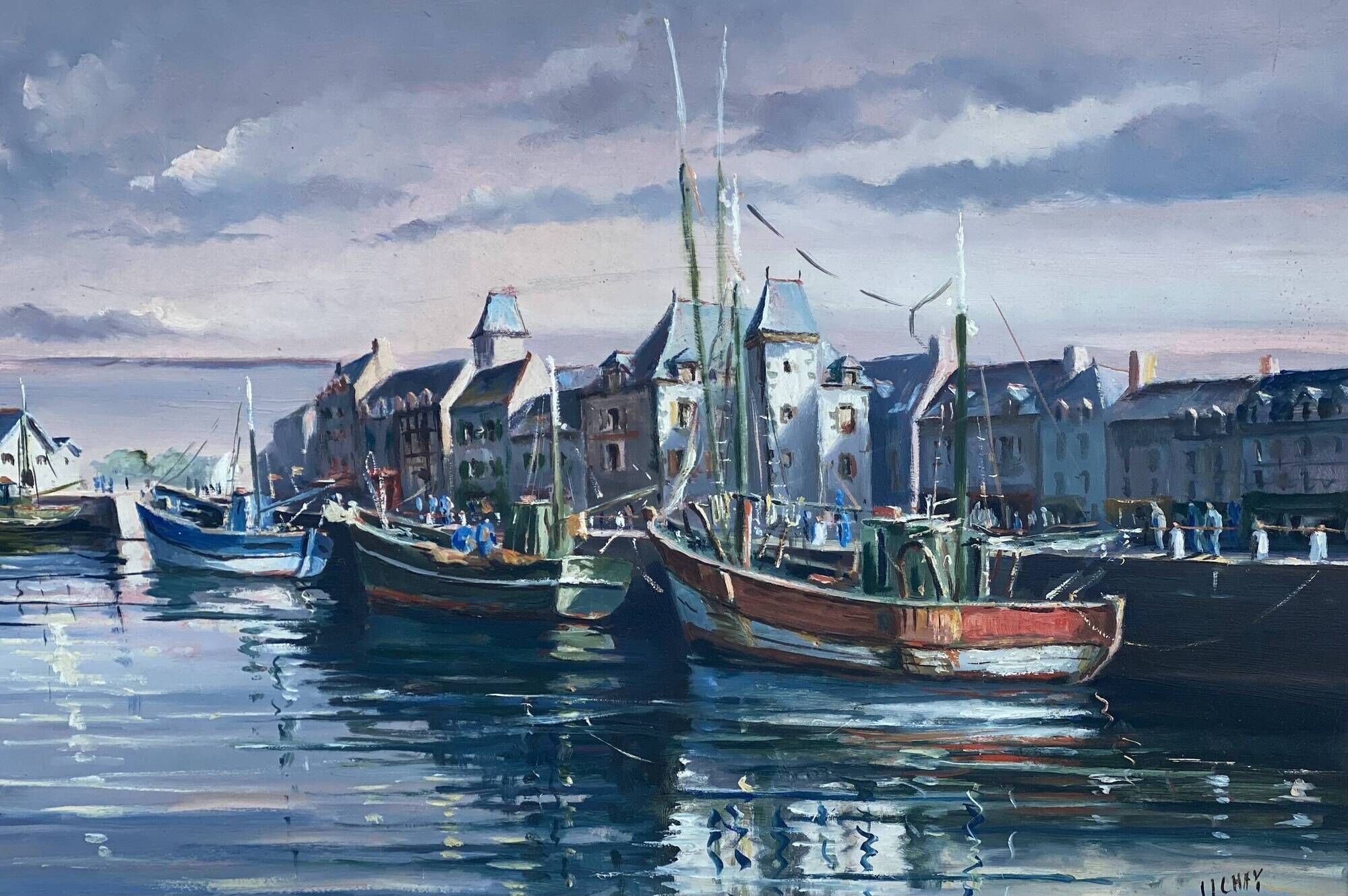 Tableau by René HUCHET, boats in the port of Le Croisic (Brittany) vintage 1950.