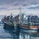 Tableau by René HUCHET, boats in the port of Le Croisic (Brittany) vintage 1950.